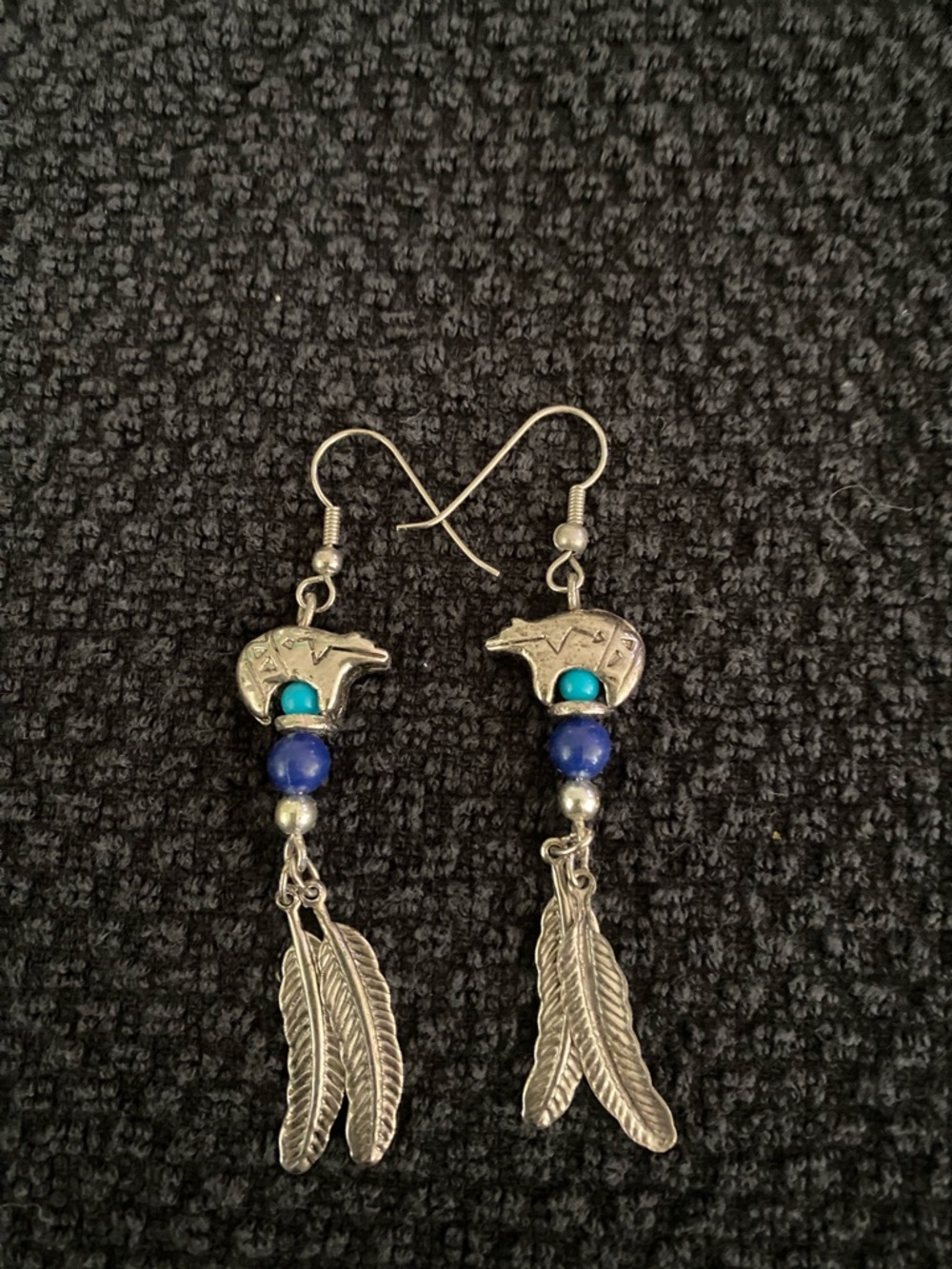 Silver Tone Bear & Feather Dangle Earrings with Turquoise and Blue Beads